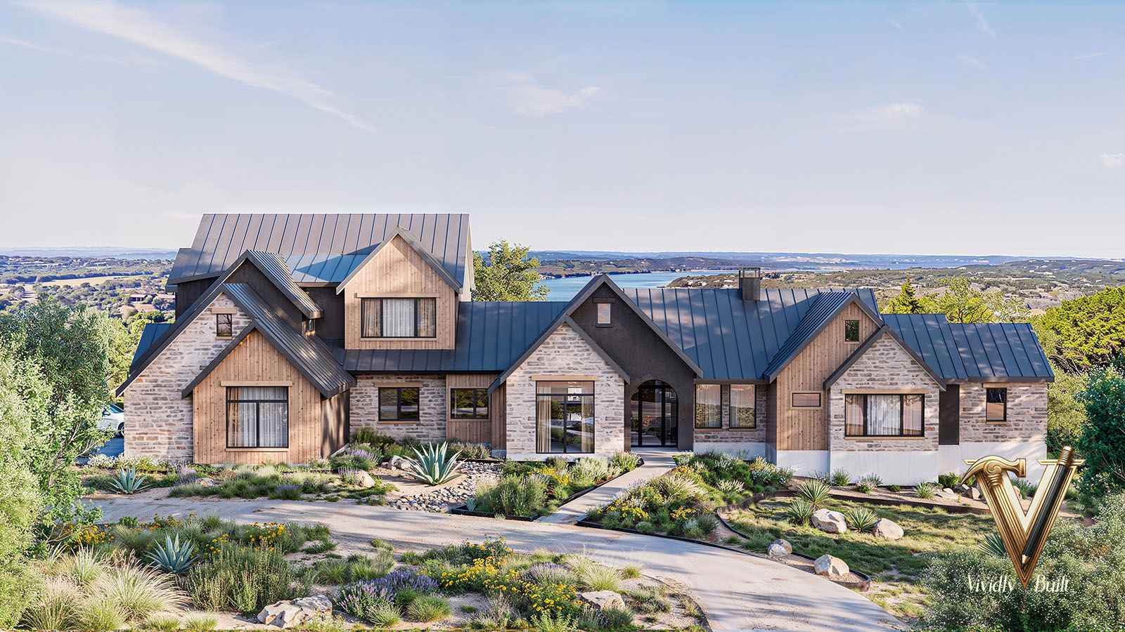 Hill Country Estate new construction in Austin, limestone and cedar, designed by Vividly Built