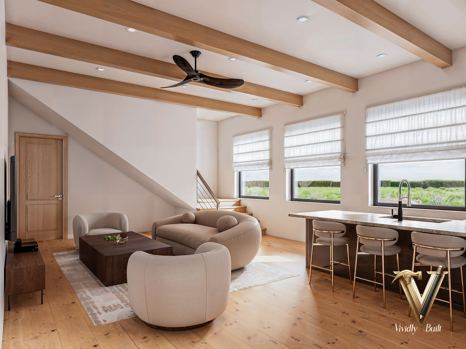 Upper-level game room tucked under the roof slope with a live-edge wet bar and roman shades - interior design rendering for a 5,200 SF Austin, Texas new construction estate by Vividly Built
