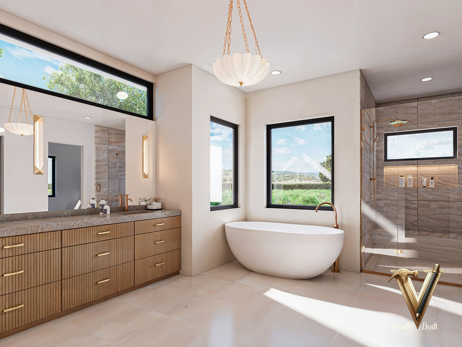 Primary bathroom with a freestanding tub set to a clerestory window, fluted white oak double vanity and brushed brass fittings - interior design rendering for an Austin, Texas estate by Vividly Built