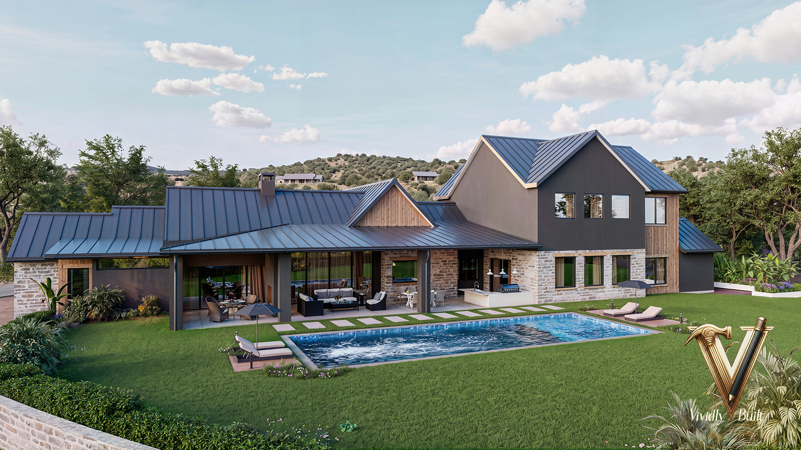 Rear elevation with lap pool, covered outdoor living room and summer kitchen under a deep porch - new construction rendering for a 5,200 SF Austin, Texas hillside estate by Vividly Built