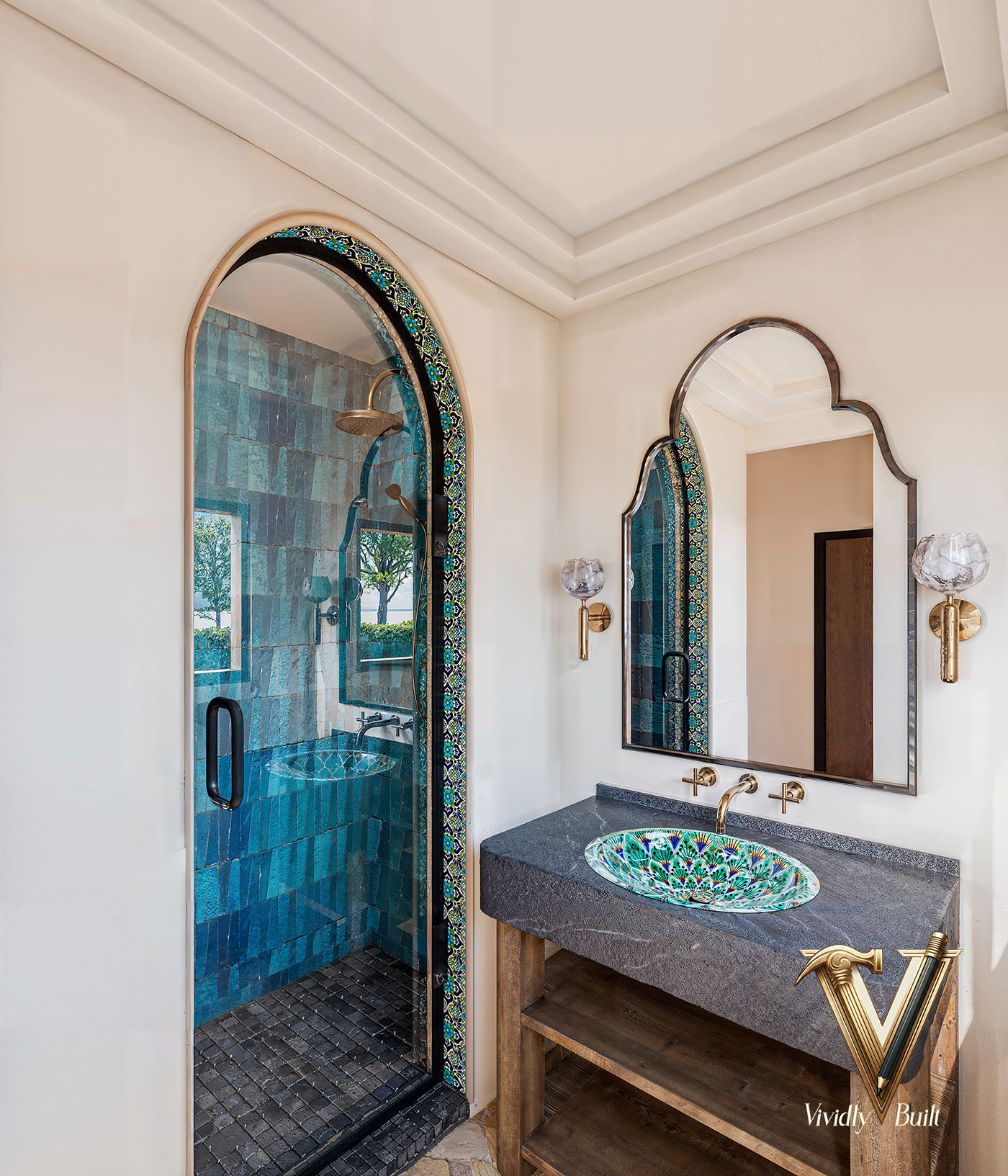 Secondary bathroom with terra cotta accents, plaster walls, and high-end finishes — Mediterranean Estate, Pasadena