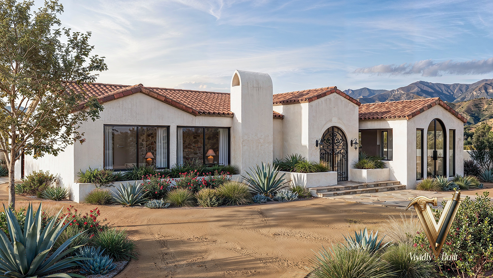 Mediterranean estate exterior with barrel-tile roof and wrought-iron entry — luxury Pasadena residential design by Vividly Built