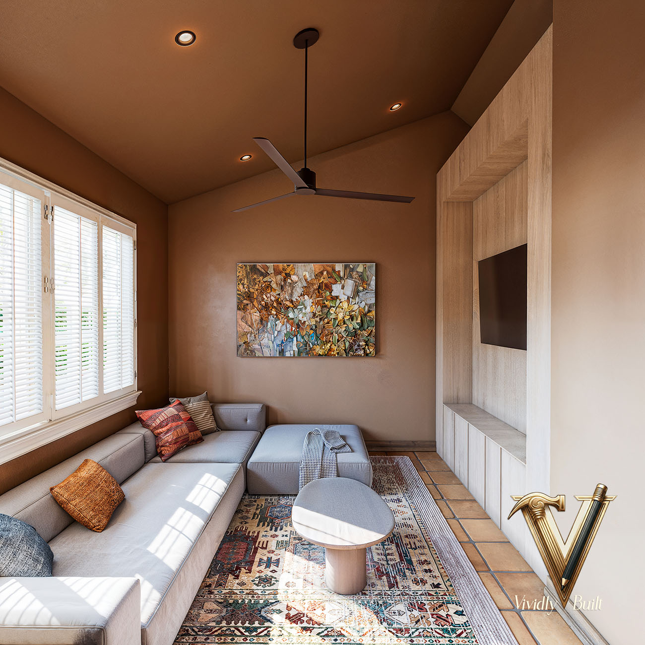 Family room with exposed wood ceiling beams, custom built-ins, and Mediterranean palette — Mediterranean Estate, Pasadena