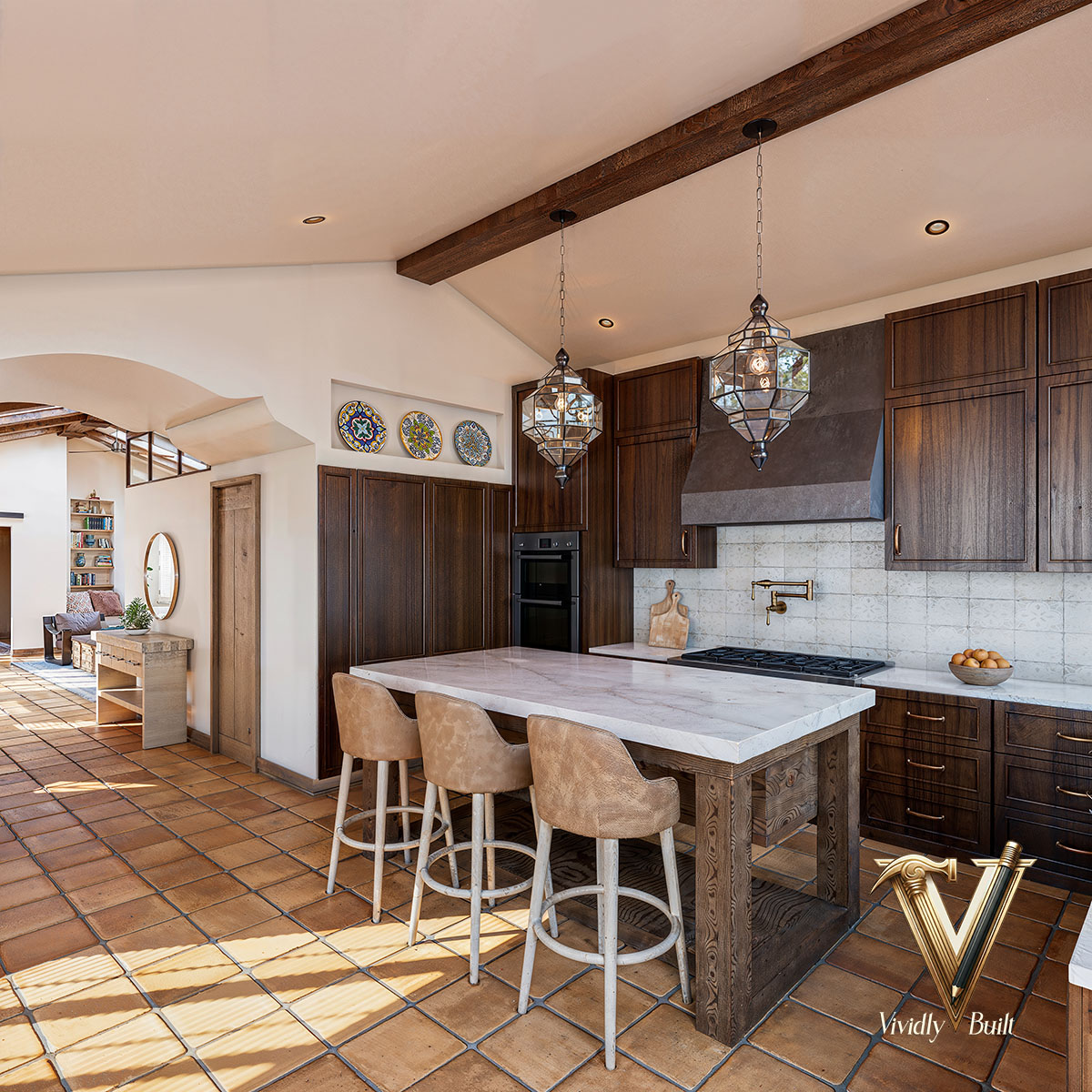 Kitchen detail with hand-selected stone, plaster finishes, and bespoke fixtures — Mediterranean Estate, Pasadena