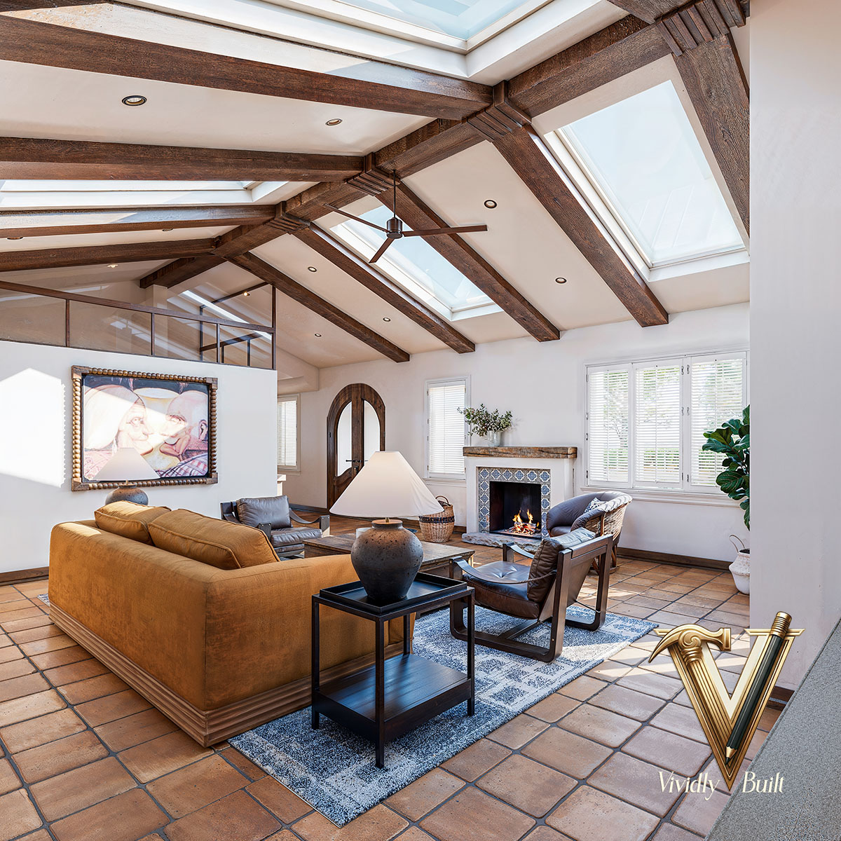 Detail view of the Mediterranean living room with custom millwork and warm earth-tone palette — Mediterranean Estate, Pasadena