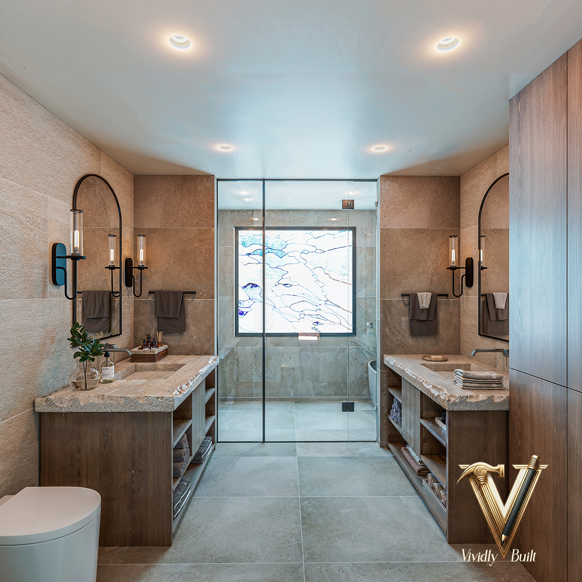 Master bathroom with curated stone, Santa Fe-inspired millwork, and bespoke fixtures — Mediterranean Estate, Pasadena
