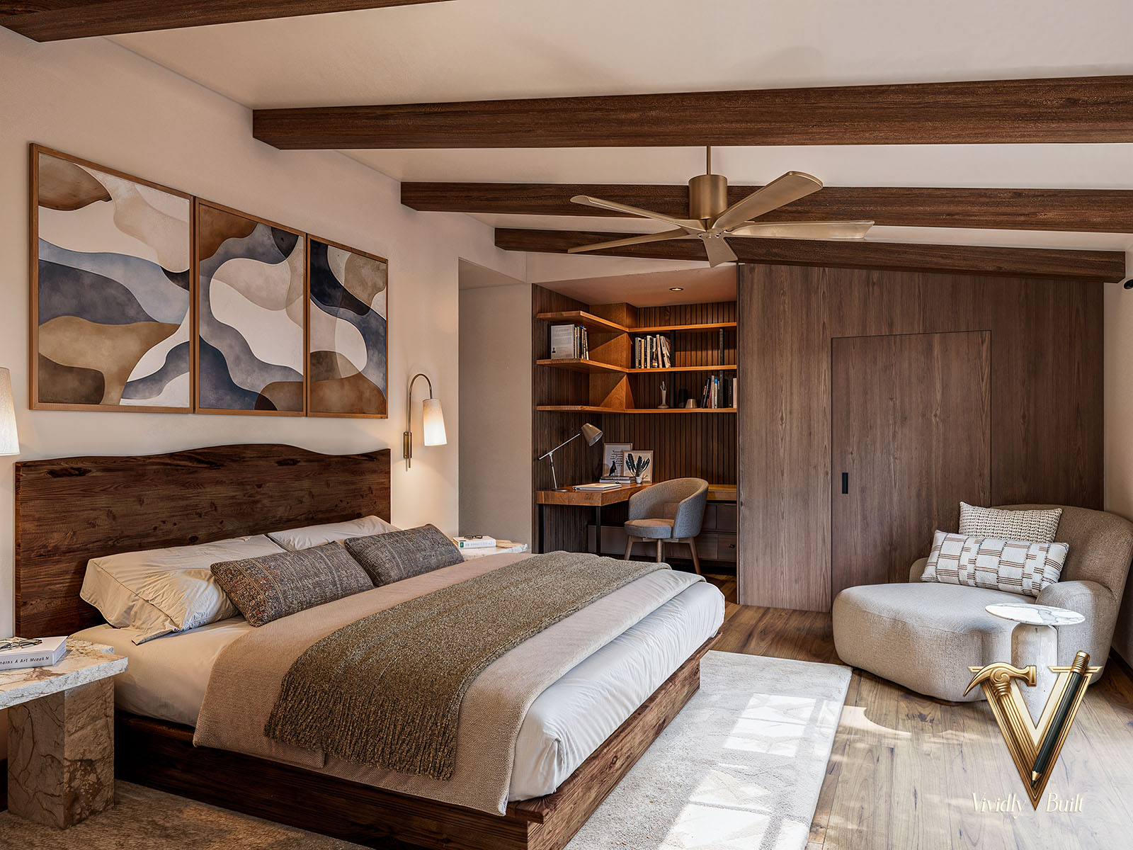 Master bedroom retreat with rustic exposed beams, Santa Fe textiles, and arched window — Mediterranean Estate, Pasadena