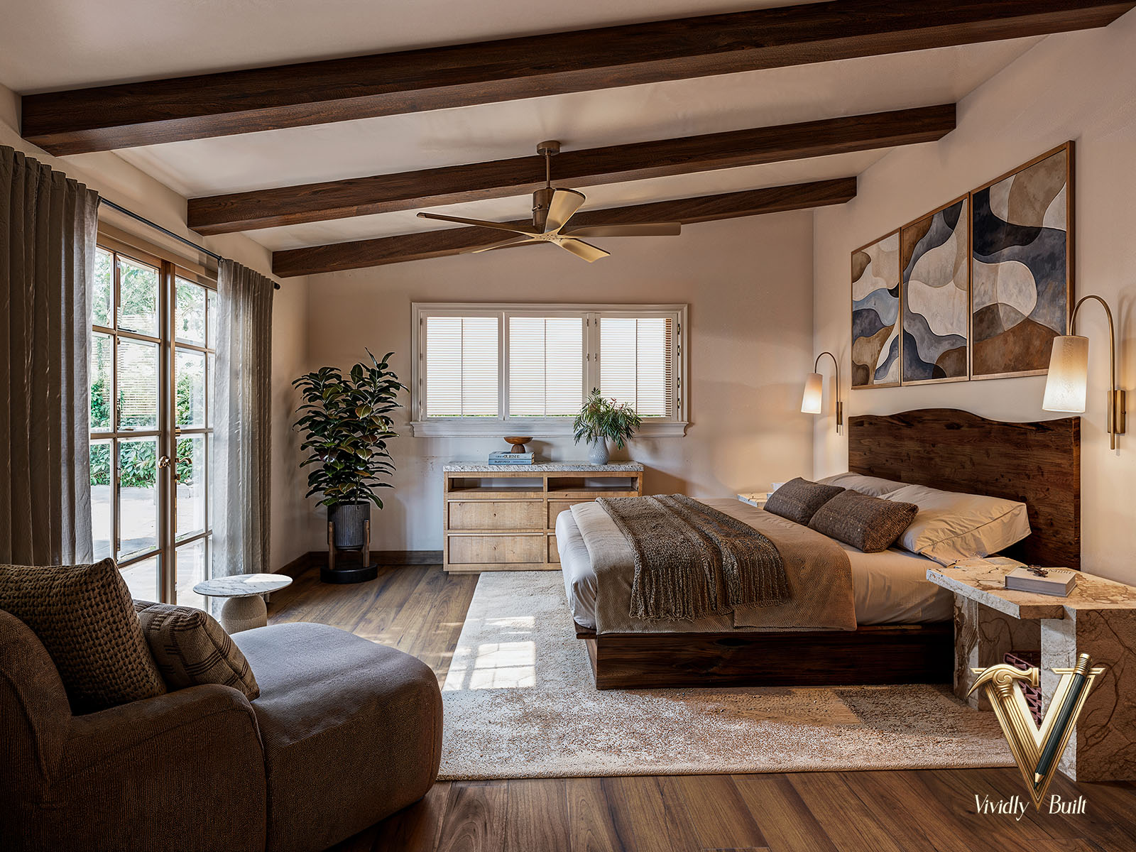 Master bedroom detail with layered textiles, plaster walls, and curated lighting — Mediterranean Estate, Pasadena