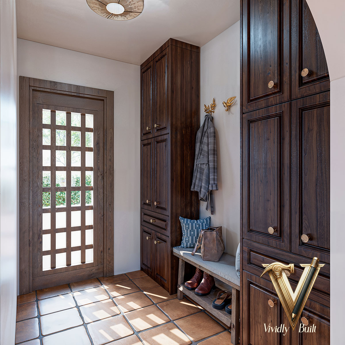 Mudroom with custom millwork, exposed beams, and Mediterranean material palette — Mediterranean Estate, Pasadena