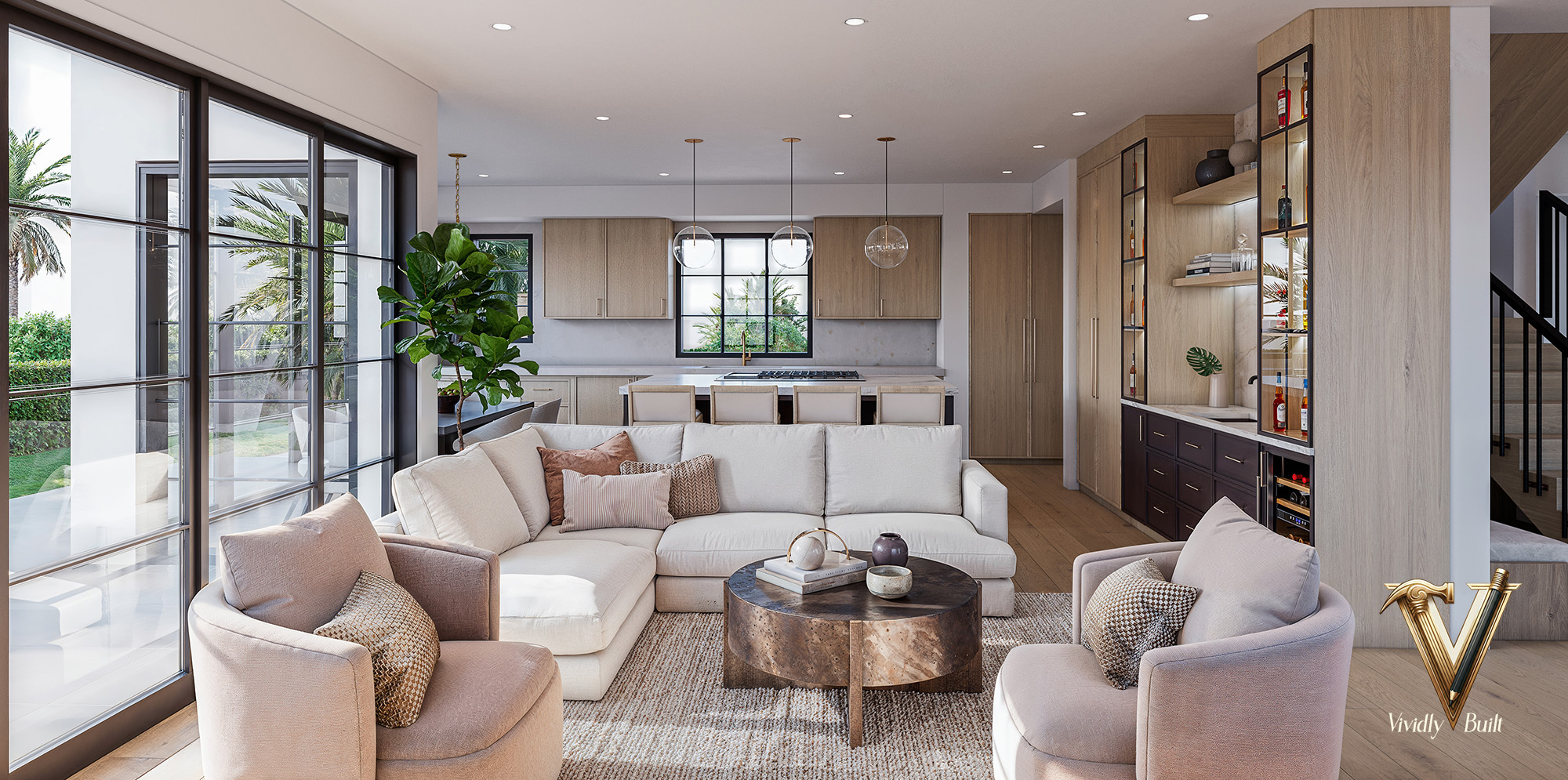 Warm contemporary great room opening to a chef's kitchen and glass-front bar, floor-to-ceiling steel-framed glass to a palm-lined yard — Pacific Palisades fire rebuild by Vividly Built