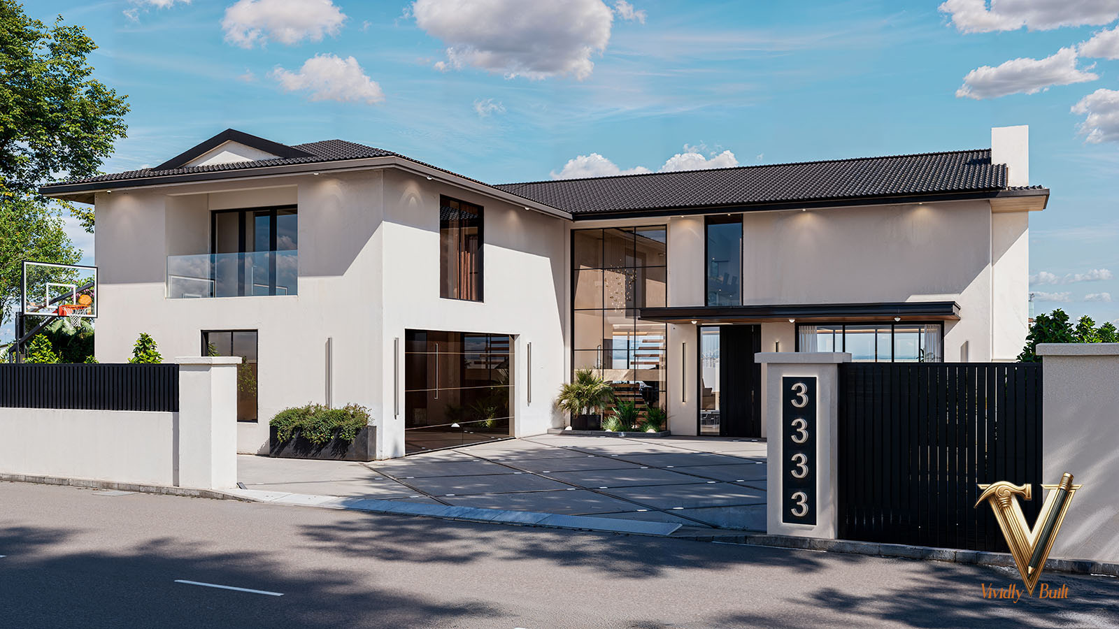 Street elevation of the modern estate — white stucco massing, black tile roof, double-height glass entry and gated motor court — Modern Estate, Palos Verdes