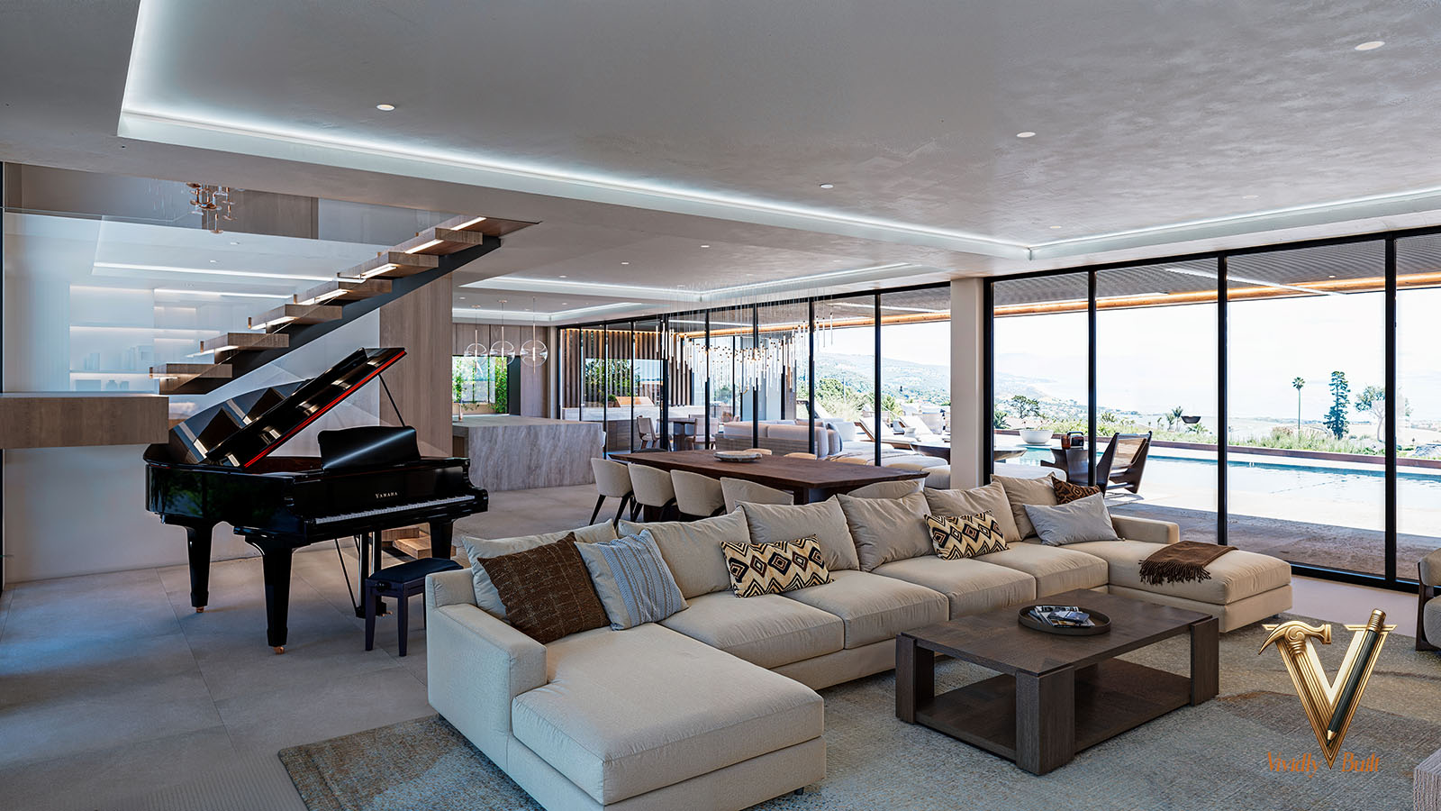 Living room opening through floor-to-ceiling glass to the pool terrace and ocean view — Modern Estate, Palos Verdes