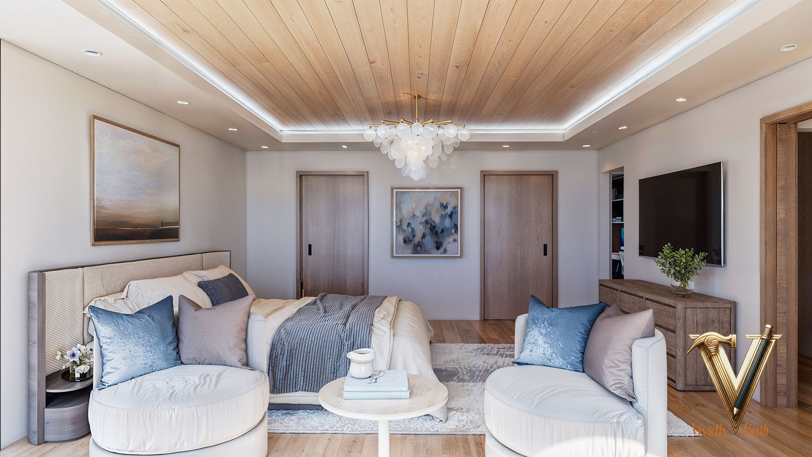 Primary bedroom with plank-oak tray ceiling, sculptural cloud chandelier and cove lighting — Modern Estate, Palos Verdes