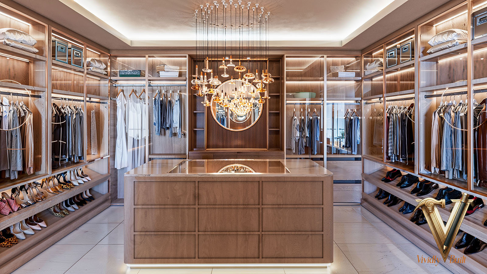 Boutique dual walk-in closet with oak millwork, glass-top island and statement chandelier — Modern Estate, Palos Verdes