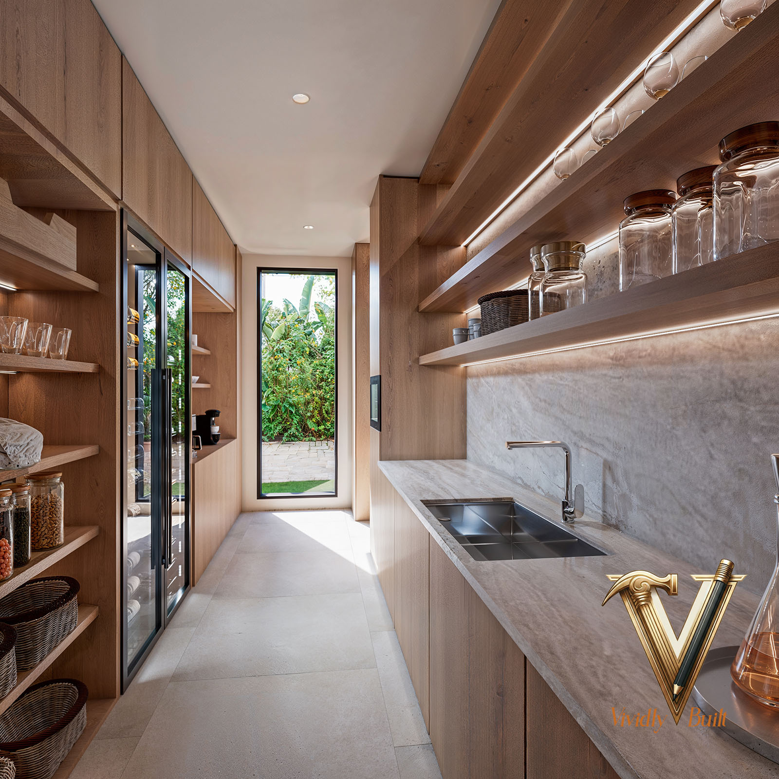 Scullery and prep pantry with oak shelving, marble counters, glass-front wine storage and garden window — Modern Estate, Palos Verdes