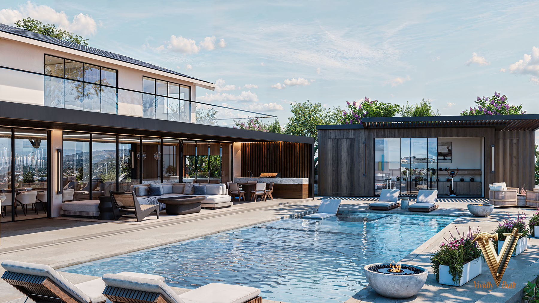 Daytime pool terrace with sun shelf, detached cabana and gym, outdoor bar and fire features — Modern Estate, Palos Verdes