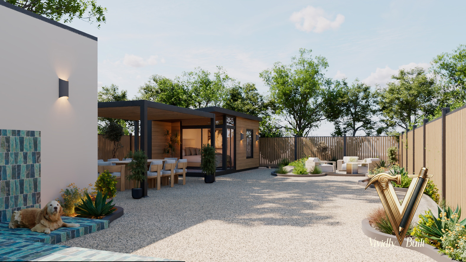 Timber-clad detached backyard ADU beside a remodeled Santa Monica bungalow, designed by Vividly Built