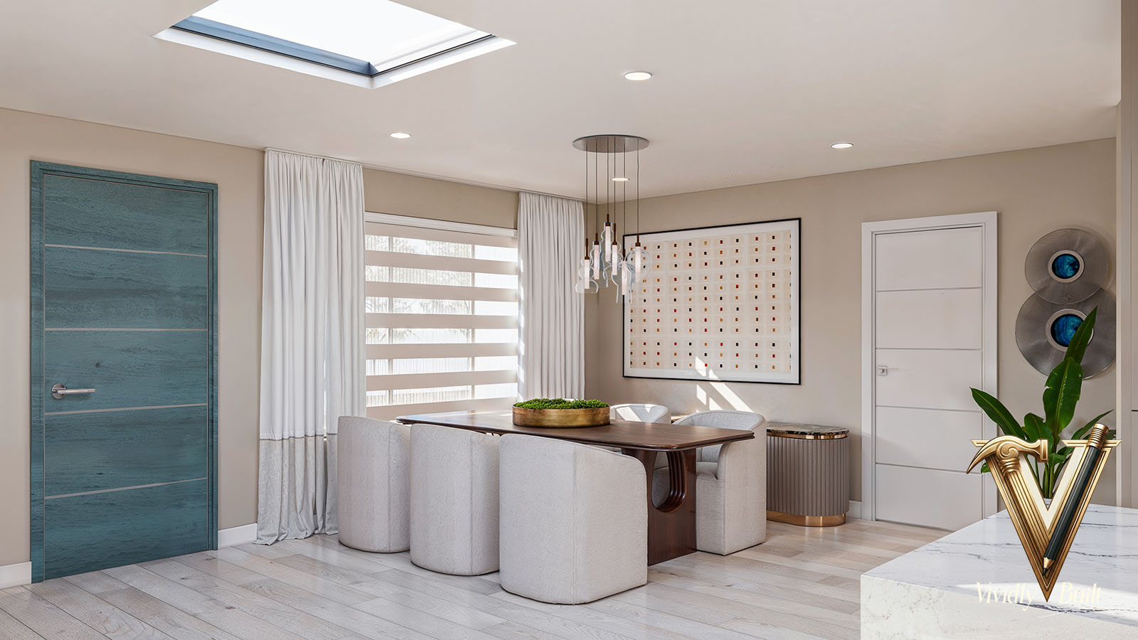 Dining room with a walnut table, upholstered barrel chairs, a glass pendant cluster and a teal-stained door under a skylight - Santa Monica bungalow interior design by Vividly Built
