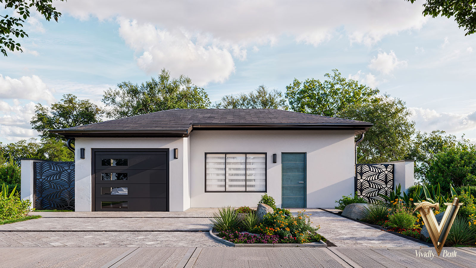 White stucco Spanish bungalow street elevation with a black steel garage door, teal front door and laser-cut palm-frond screen gates - Santa Monica full home remodel by Vividly Built