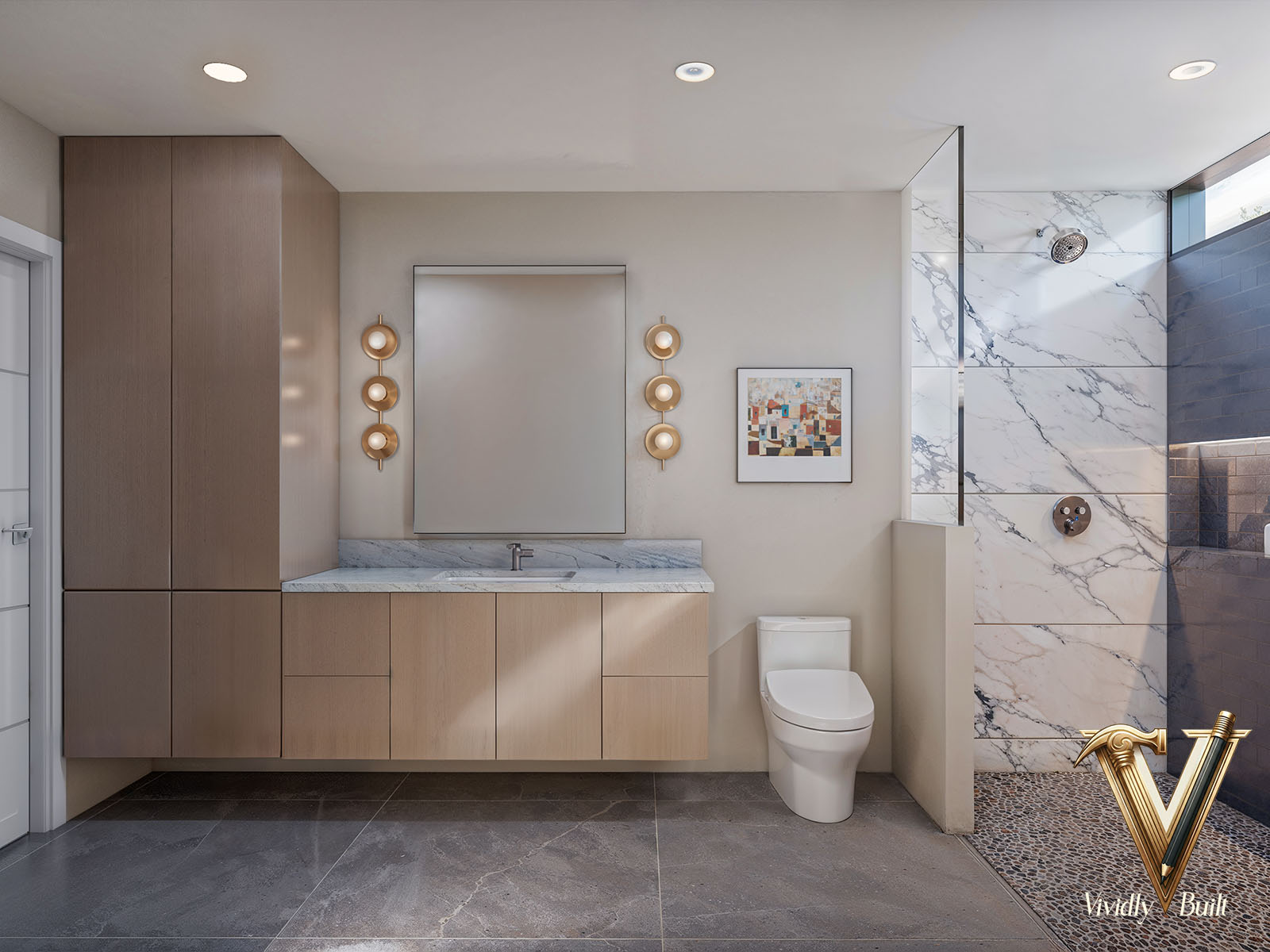 Guest bathroom with a floating oak vanity, brass triple sconces, a white marble-look shower wall and pebble shower floor - Santa Monica bungalow remodel by Vividly Built