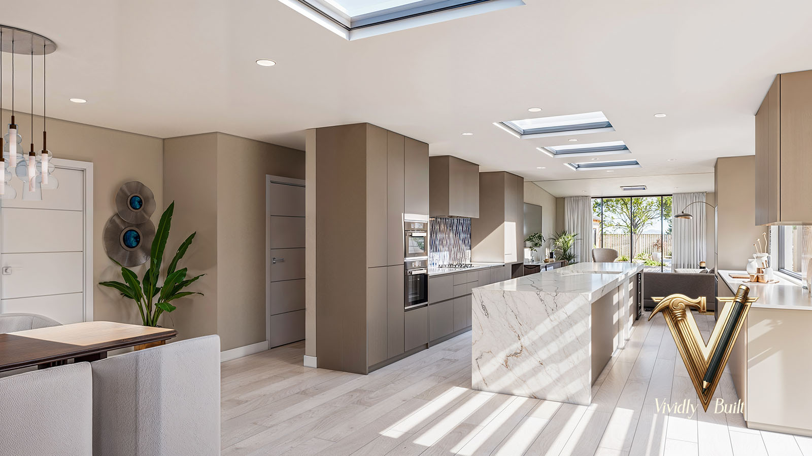 Open-plan kitchen with matte taupe slab cabinetry, a veined stone waterfall island and a blue glazed tile backsplash under skylights - Santa Monica home remodel by Vividly Built