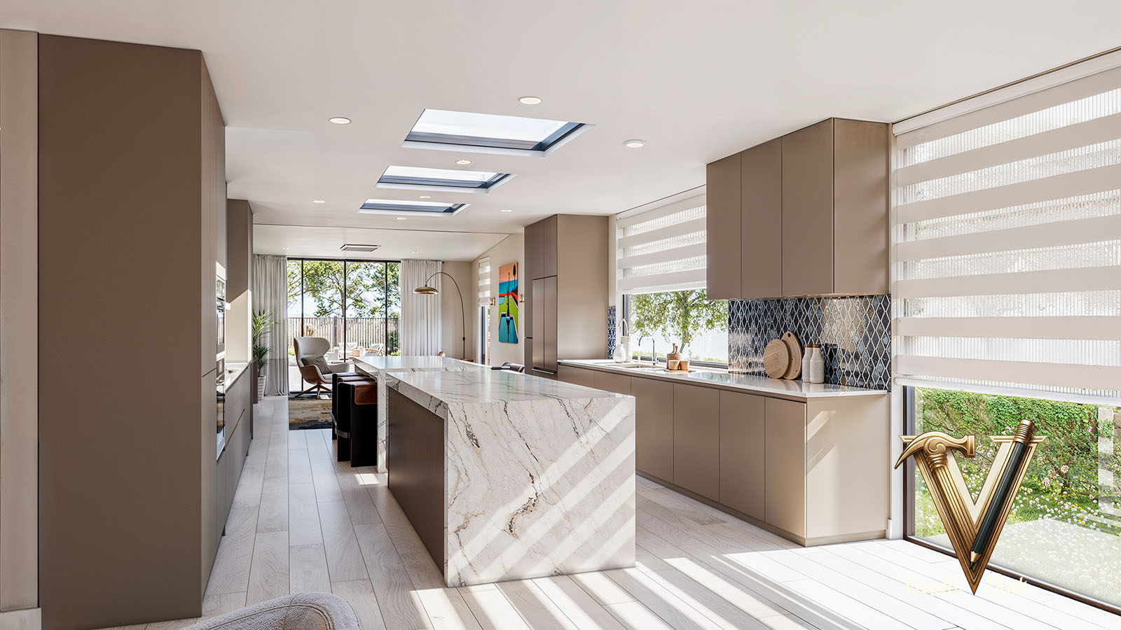 Long open kitchen with waterfall island and skylights running through to the living room and garden doors - Santa Monica Spanish bungalow full remodel by Vividly Built