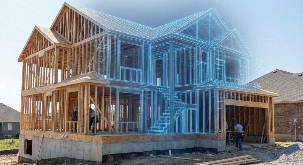 3D architectural wireframe overlay on a luxury two-story new construction home, illustrating virtual design and construction (VDC) precision for custom home builders.
