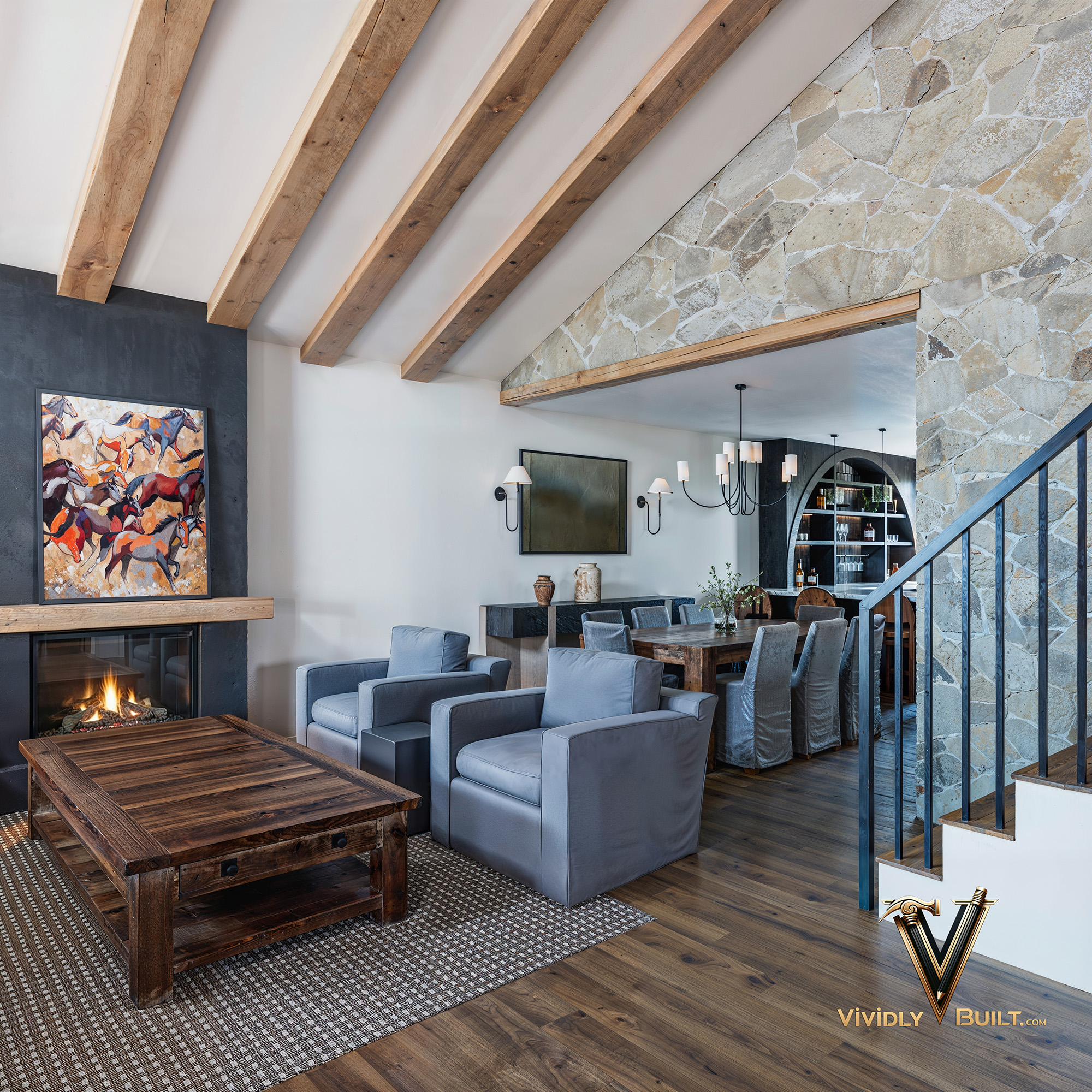 Living room alternate angle rendering for a Los Angeles home transformation by Vividly Built