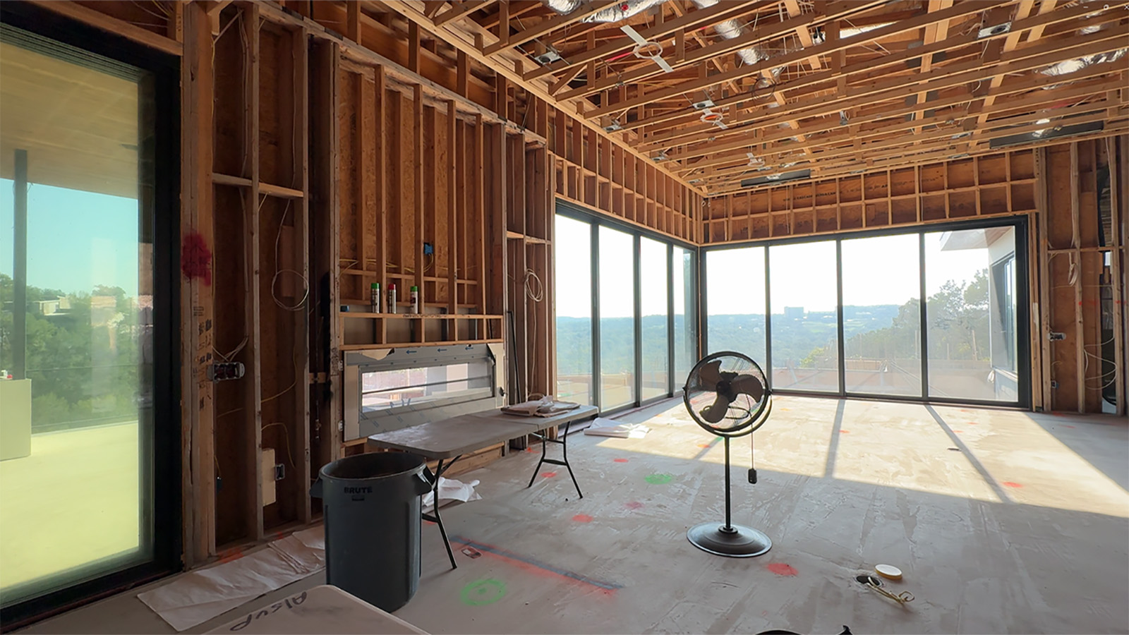Mid-construction photograph of the living room before finishes
