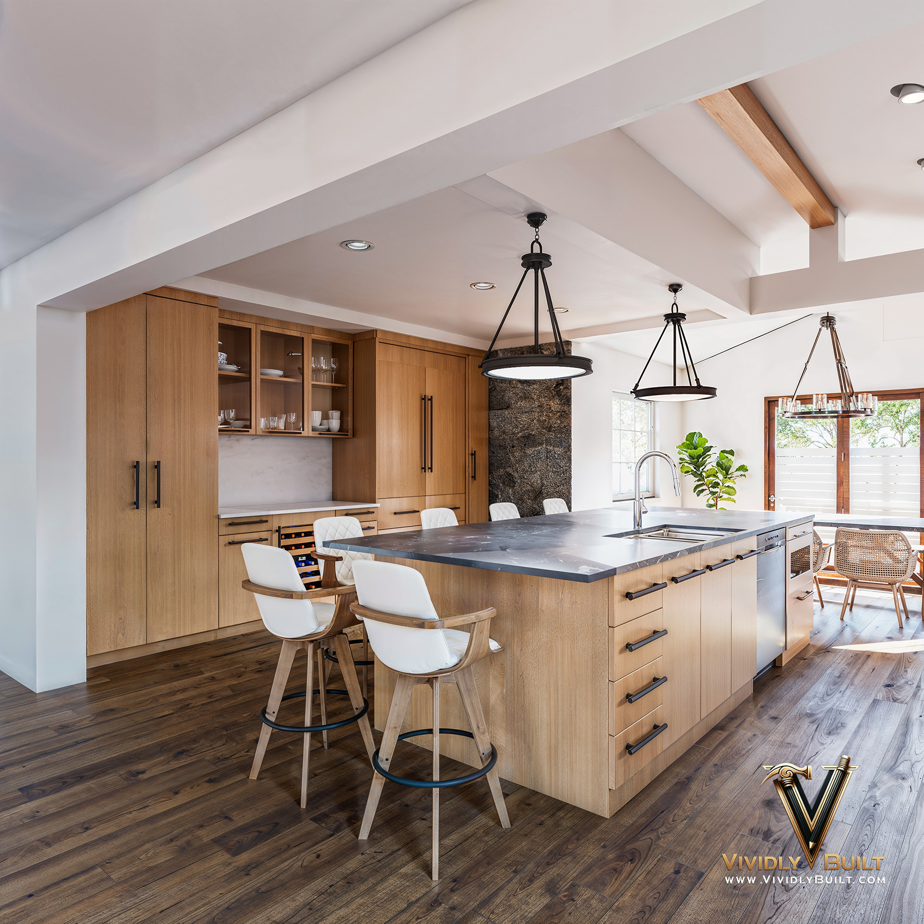 Warm luxe interior with arched window and walnut casework — restaurant interior design vibe by Vividly Built