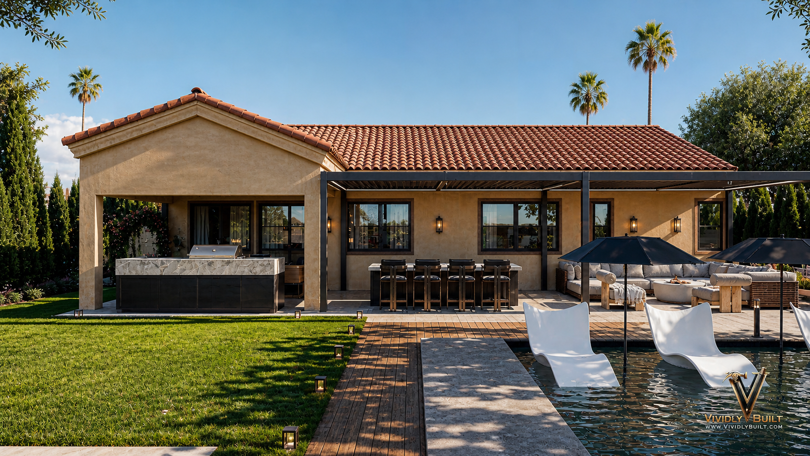 Backyard and pool exterior design rendering for a Pasadena residence remodel by Vividly Built