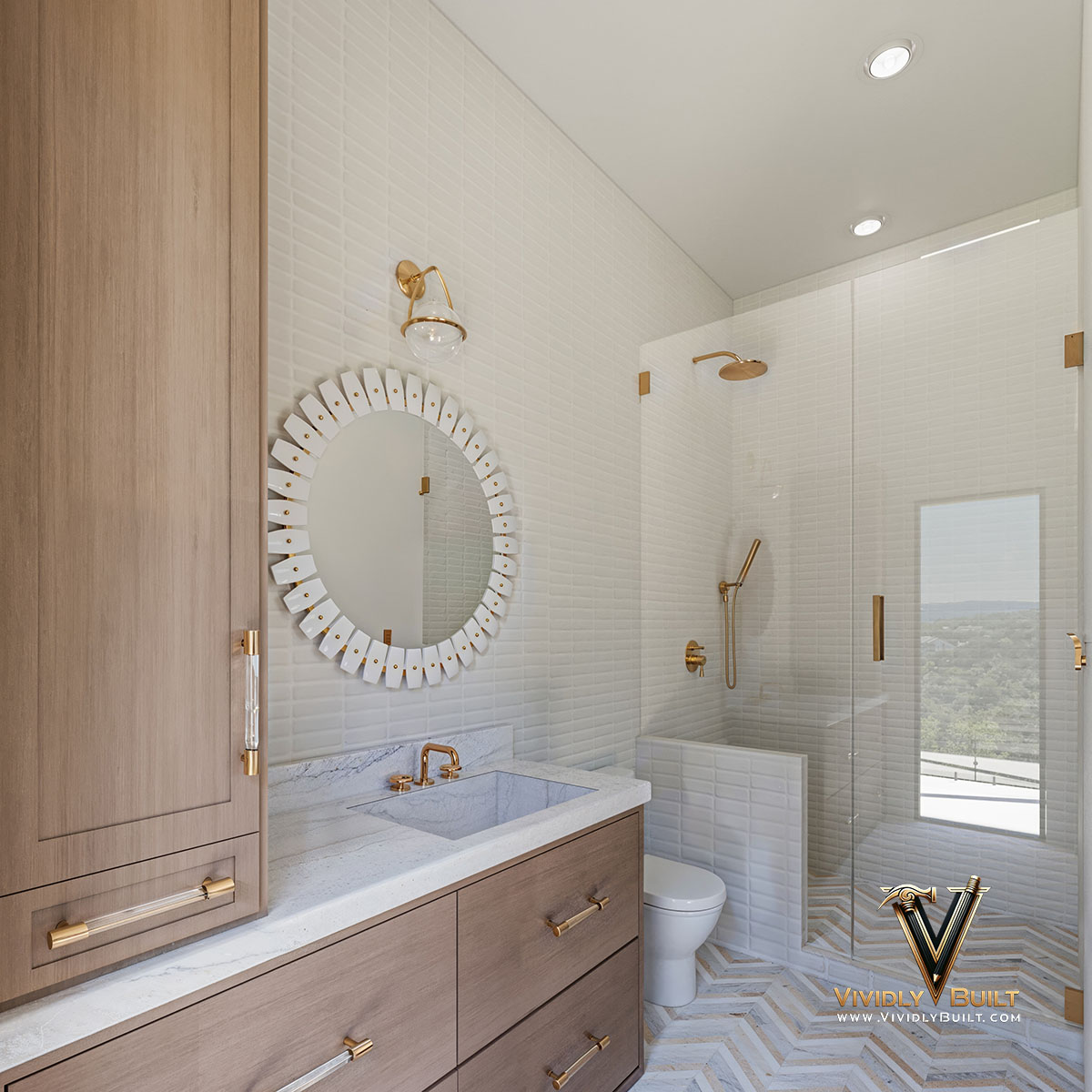 Bathroom interior design rendering for a Pacific Palisades new construction residence by Vividly Built