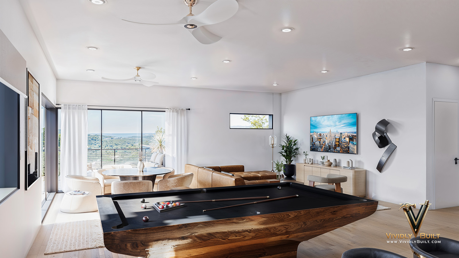 Upper-floor game room interior design rendering for an Austin, Texas new construction single family residence by Vividly Built