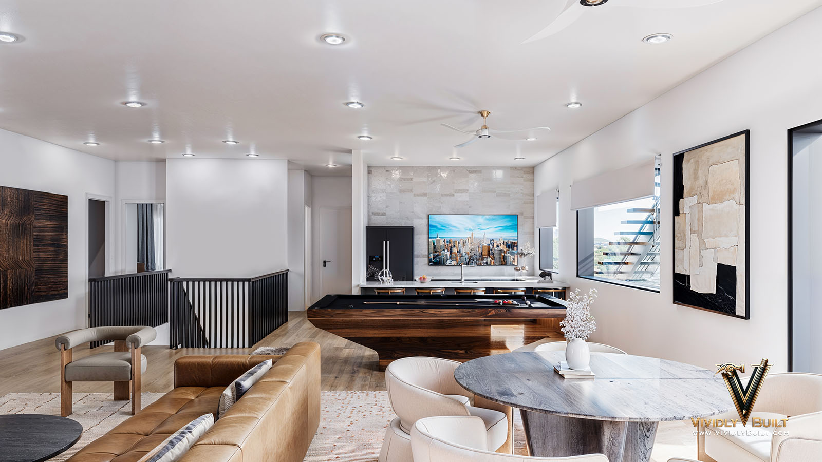 Upper-floor game room alternate angle for an Austin, Texas new construction single family residence by Vividly Built