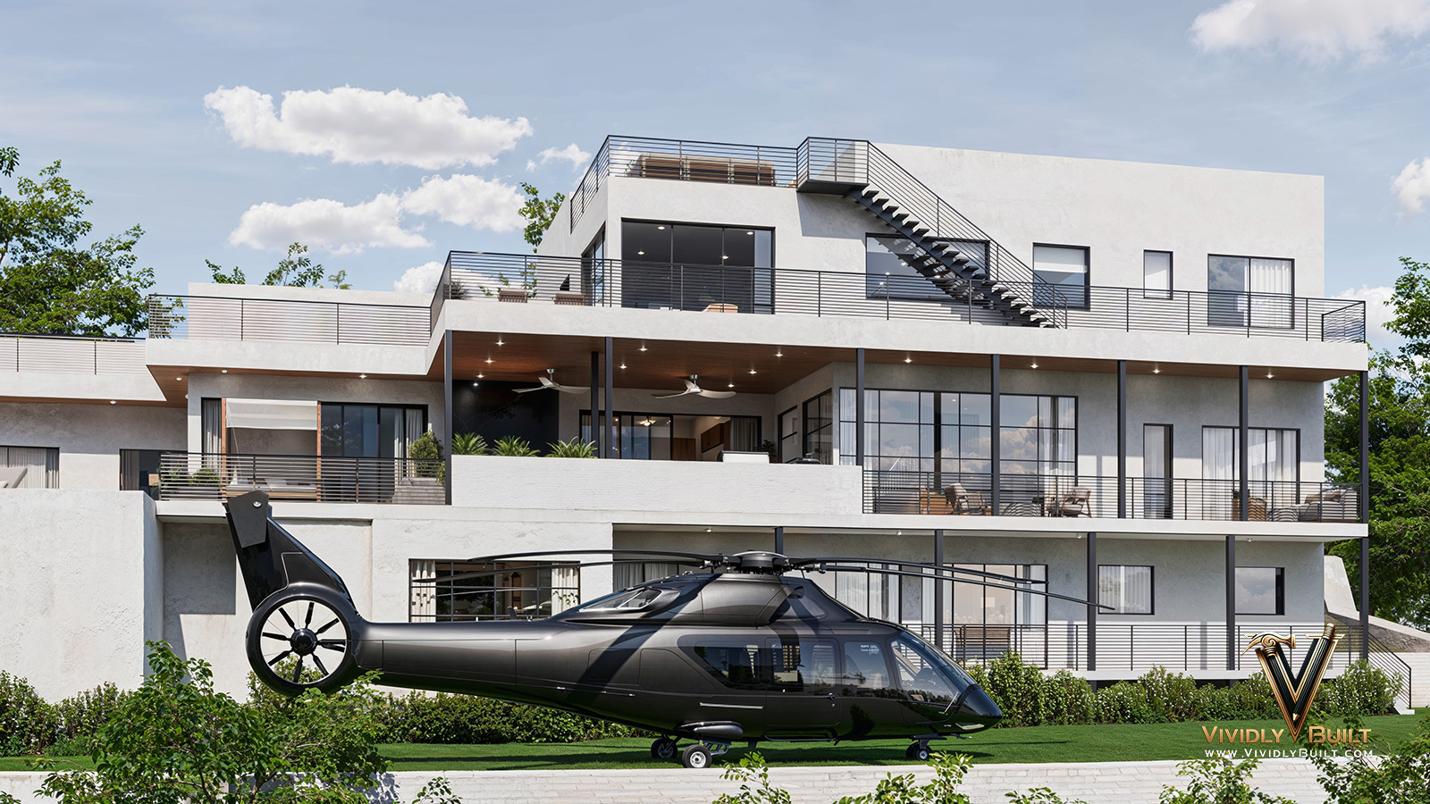 Aerial context rendering — luxury California estate by Vividly Built