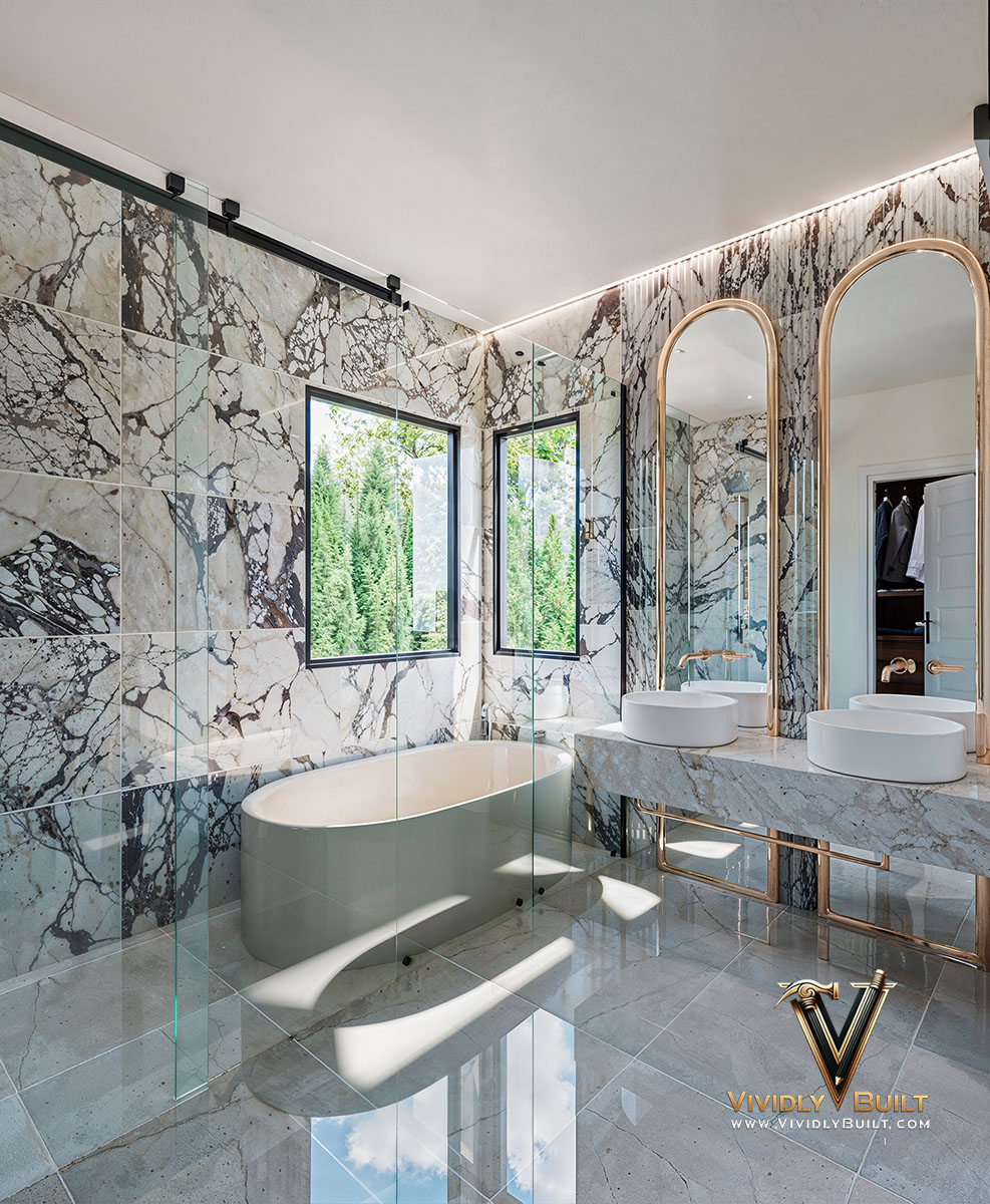 Master bathroom interior design rendering for a Pasadena residence remodel by Vividly Built
