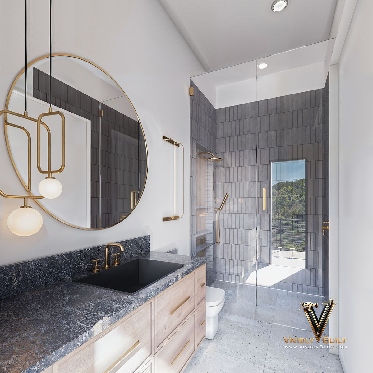 Pool bath interior design rendering for an Austin, Texas new construction single family residence by Vividly Built