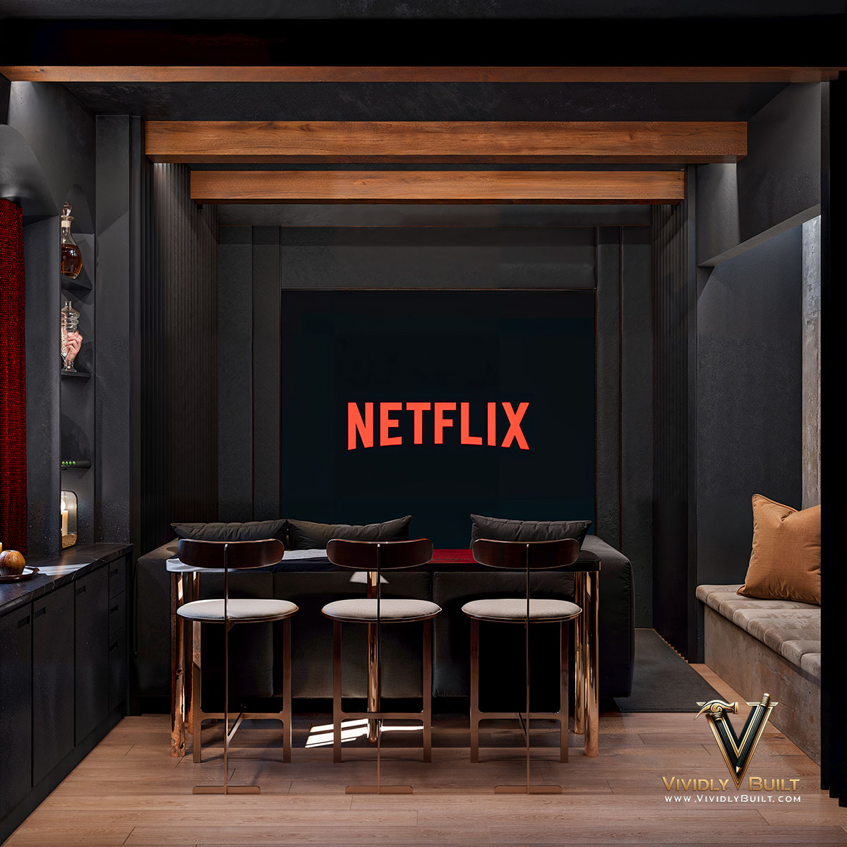 Home theater rendering for a Pasadena residence remodel by Vividly Built