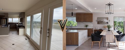 A sustainable full-house renovation in Encinitas featuring net-zero architectural materials and a modern open-concept kitchen remodel visualized with 3D rendering.