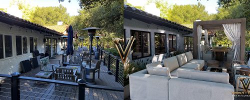 Side-by-side architectural study of a custom entry pivot door and the finished installation. Description: Precision-engineered elements are modeled in 3D to ensure perfect fitment and operation within high-performance luxury homes.