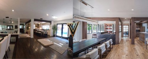 Final architectural render of a custom luxury home vs. the professional project photography. Description: The ultimate proof of our precision: a finished home that is indistinguishable from our technical 3D designs. A panoramic architectural rendering of a ground-up new construction mega-estate in Bel Air, featuring a multi-level floorplan, grand salon, and 360-degree views of Los Angeles.