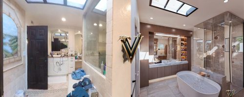 Before and after comparison of a full-gut remodel using Real Time Interactive Design. Description: We transform outdated structures by first building a precise digital twin, allowing for radical layout changes with zero field errors. A modern coastal new construction home in Newport Coast featuring a tiered glass facade, a custom outdoor entertainment floorplan, and high-fidelity 3D rendering.