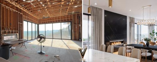 3D material audit overlay on a high-end kitchen remodel featuring marble waterfall islands. Description: We eliminate material waste by performing a virtual audit, allowing clients to visualize stone veining and seam placement during the pre-construction phase.