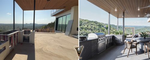 Luxury primary bathroom rendering vs. finished construction with custom tile work. Description: Our Real Time Interactive Design process allows for millimetre-accurate tile layouts, ensuring the physical build matches the architectural intent perfectly.