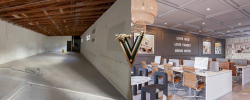 3D virtual construction model of a high-end medical clinic compared to the finished clinical space, emphasizing precision in floor plan design and technical execution for specialized commercial projects